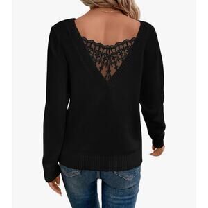 Women's V Neck Sweaters Lace Back Pullover Sweater Long Sleeve Size XS